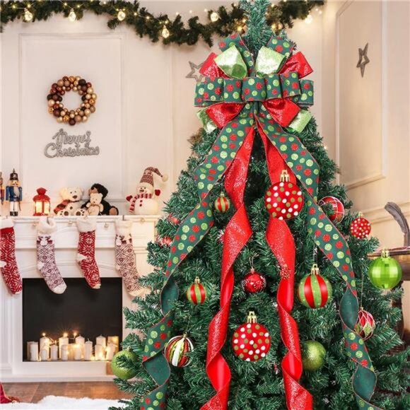 Christmas Tree Topper Wreath Bow Large Green Christmas Bow Tree Topper 52"x13" - Picture 6 of 8